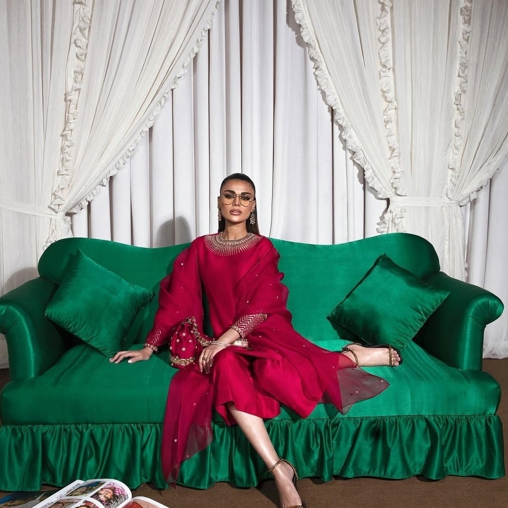 Elegant Red Dress with Green Accents
